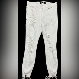 Express White mis rise Distressed straight Leg Jeans Stretch Raw Hem Women’s 4